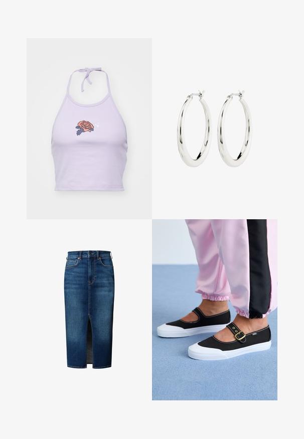 Top corto de color lila con tirantes, hecho de algodón, con un diseño de bordado de rosas en naranja y azul marino, y un cierre con lazo en el cuello.; Falda midi de mezclilla azul oscuro con abertura frontal, cierre de botones, trabillas para cinturón y bolsillos delanteros.; Zapatillas de lona negras con suela blanca, con un diseño recortado y una correa con hebilla dorada. Combinadas con pantalones de chándal rosas.; Pendientes de aro de plata con un acabado suave y brillante. Forma circular, con un cierre seguro. Diseño sencillo y elegante.