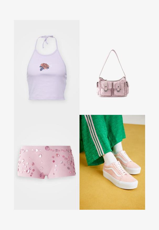 Lilla halterneck crop top lavet af bomuld, med en rosestikning i orange og marineblå, og en bindesløjfe i nakken.; Lyserøde ribbede shorts prydet med forskellige størrelser af skinnende lyserøde knapper spredt over stoffet.; Lyserøde ruskinds sneakers med hvide detaljer og tykke hvide såler, parret med grønne mønstrede bukser med lyserøde sidelister.; Lille lyserød skuldertaske i stof med to forlommer, hver sikret med en klap og metalring, samt lukning med en top lynlås.