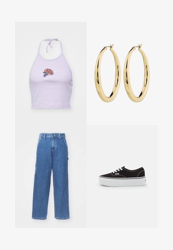 Lilla nööriga crop top, mis on valmistatud puuvillast, sisaldab apelsini- ja tumesinisest roosi tikandit ning kaela juures sõlmimise võimalust.; Sinine denim laiad püksid kõrge vöökohaga, nööbiga kinni laskmine ja küljetaskud. Pleekinud pesu pehme tekstuuriga ja sirge lõikega.; Must musta tennis jalanõud valge kummi platvormi tallaga, valgete paelte ja õmblustega, ikoonilise kaubamärgiga küljes, madala lõikega disain.; Kuldsete rõngassõrmuste sujuv, poleeritud pind. Ümmargune kuju, millel on ülaosas kindel sulgemismehhanism. Pind peegeldab valgust.