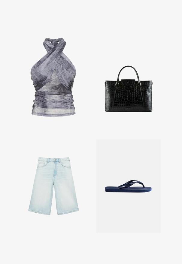 Harmaa rypytetty halterneck-toppi, jossa on solmittu kaula-aukko, valmistettu kevyestä kankaasta, joka sisältää marmoripintaa ja sileää viimeistelyä.; Vaaleansiniset denim-bermudat, joissa on etutaskut, vyölenkit ja napillinen suljin, asetettuna tasaisesti valkoiselle taustalle.; Laivastonsininen kuminen varvassandaali, jossa on kuvioitu pohja ja Y-muotoinen remmi yksinkertaisella vaalealla taustalla.; Mustikka tekokrokotiili nahkainen käsilaukku, jossa on kaksi pyöreääkahvaa, jämäkkä muotoilu ja etupuolella logo-yksityiskohdalla varustettu läppä.