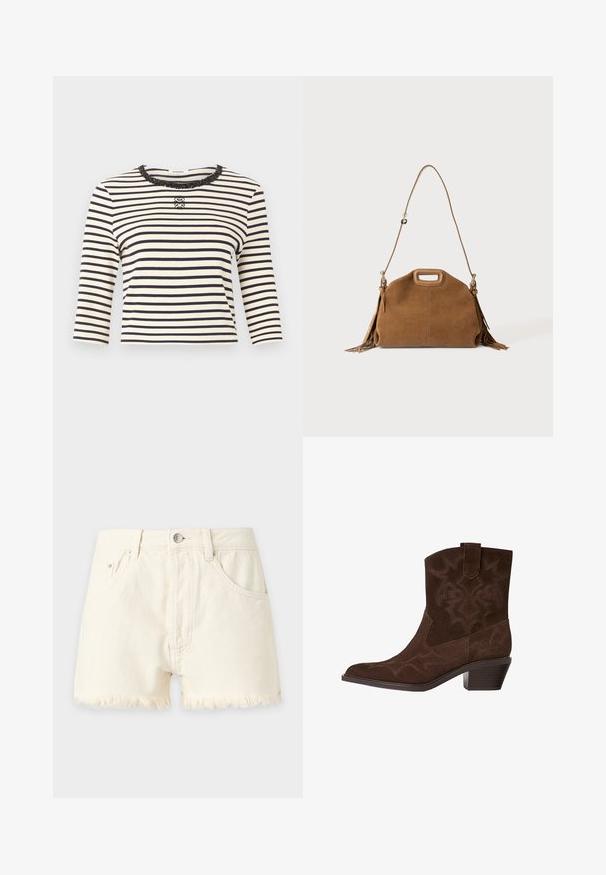 Hvid og sort langærmet top med vandrette striber, rund halslinning dekoreret med palietter og et lille dekorativt logo i midten af brystet.; Off-white denimshorts med frynset kant, forlommer, bæltestropper og lukning med metal knap.; Brune ruskinds cowboystøvle med spids tå, dekorative syninger, ankelhøjde og en stablet hæl. Har en pull tab for nem påtagning.; Brun ruskindshåndtaske med topudskåret håndtag, lang justerbar skulderrem og frynser på begge sider.