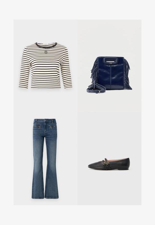 Haut à manches longues à rayures horizontales blanches et noires avec un col rond orné de sequins et un petit logo décoratif au centre de la poitrine.; Jeans en denim bleu évasés avec une taille mi-haute, dotés de poches avant et arrière et d'un léger délavage.; Chaussures plates en cuir noir avec un bout pointu, dotées de deux brides noires avec des accents en métal doré. Texture lisse et talon bas.; Sac en similicuir bleu marine avec détails en franges, forme structurée, poignée supérieure et sangle ajustable. Finition brillante avec accents de quincaillerie dorée.