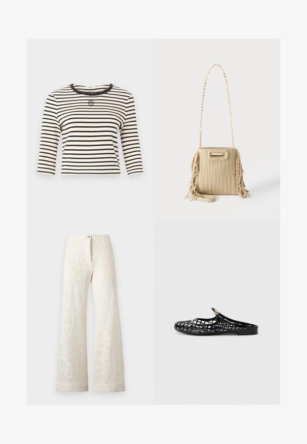 Haut à manches longues à rayures horizontales blanches et noires avec un col rond orné de sequins et un petit logo décoratif au centre de la poitrine.; Pantalon blanc taille haute à jambes larges avec une broderie en dentelle florale délicate et une fermeture à boutons à l’avant sur un fond uni.; Tory Burch MELLOW MARY JANE - Mules - perfect black/gold; Sac à main matelassé beige avec des détails à franges sur les côtés, une bandoulière chaîne dorée et une petite ouverture sur la poignée supérieure.
