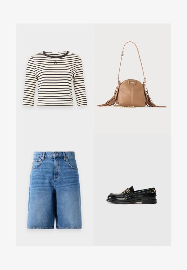 Haut à manches longues à rayures horizontales blanches et noires avec un col rond orné de sequins et un petit logo décoratif au centre de la poitrine.; Shorts en denim bleu clair, à taille haute, avec une coupe large, cinq poches et des détails cousus le long des bords.; Mocassins en cuir noir avec une finition brillante, dotés de deux boucles dorées et d'un talon bas. Texture lisse avec un design à bout arrondi.; Petit sac à bandoulière en cuir fauve avec longue bandoulière, détail chaîne dorée et franges des deux côtés sur un fond neutre.