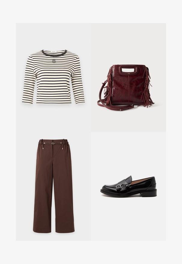 Haut à manches longues à rayures horizontales blanches et noires avec un col rond orné de sequins et un petit logo décoratif au centre de la poitrine.; Pantalon marron à jambes larges avec une ceinture élastique et une ceinture à cordon noire et blanche avec des accents dorés, présenté sur un fond clair.; Mocassin en cuir noir brillant avec doubles boucles argentées et petit talon, vu de côté sur fond blanc.; Sac à main carré en cuir bordeaux avec poignée découpée, détails de franges latérales et bandoulière réglable sur fond uni.
