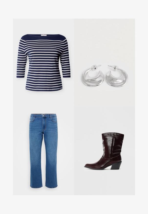 Marineblauw-wit horizontaal gestreept shirt met boothals, driekwart mouwen en een klein logo op de borst.; Blauwe denim jeans met een rechte pijp, voorzien van een knoopsluiting, een klassiek vijf-pocketdesign en een subtiele vervaging op de dijen.; Bordeaux leren enkellaarsjes met een spitse neus, textuur op het oppervlak en een taps toelopende lage hak. Heeft subtiele stiksels en een strakke pasvorm.; Een paar gepolijste zilveren halve maanvormige creolen met heldere plastic achterkanten op een witte ondergrond.