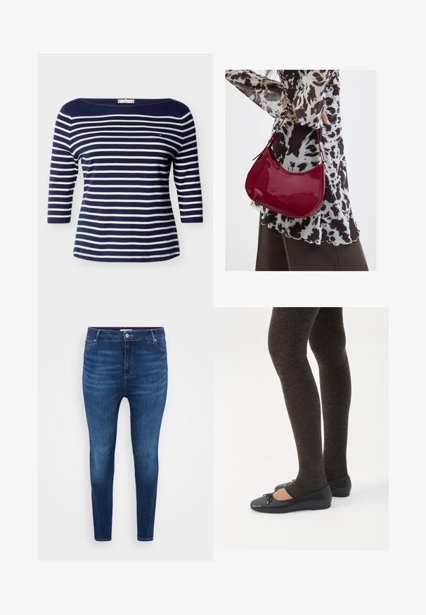Marineblå og hvide vandrette striber bådhals trøje med trekvart ærmer og en lille logo på brystet.; Mørkeblå skinny jeans med forlommer, bæltestropper og knaplukning på en ensfarvet lys baggrund.; Ben iført mørke ribbede leggings kombineret med sorte balletsko med små sløjfedetaljer på hvid baggrund.; Kvinde iført en sort- og hvidmønstret bluse, der holder en blank rød skuldertaske mod en ensfarvet baggrund.