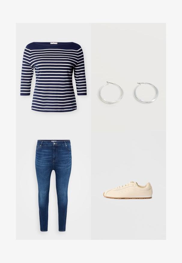 Marineblå og hvide vandrette striber bådhals trøje med trekvart ærmer og en lille logo på brystet.; Mørkeblå skinny jeans med forlommer, bæltestropper og knaplukning på en ensfarvet lys baggrund.; Beige sneakers lavet af glat læder med en rund tå, flad gummisål og minimalistisk design med diskret syninger og perforeringer.; Sølvfarvede metaloorringe med glat, let buet overflade og låsemekanisme på en ensfarvet hvid baggrund.