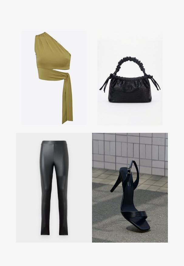 Haut asymétrique vert olive en tissu lisse et extensible. Doté d'une manche, d'un design drapé et d'un accent de nœud sur le côté pour un look ajusté.; Leggings noirs en matériau lisse et brillant, dotés d'une taille haute et d'une coupe ajustée. Aucune couture ni embellissement visibles.; Sandale noire à talon haut avec bride à la cheville et bout carré, posée sur le pavé devant un mur carrelé.; Sac à main noir avec texture crocodile, bord supérieur froncé, poignée plissée et pompons à cordon de chaque côté sur fond blanc.