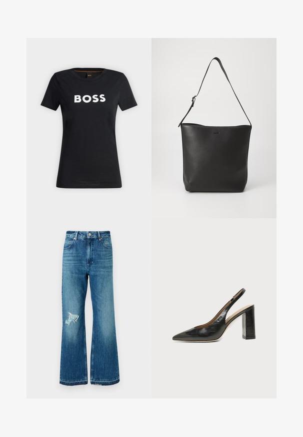 Schwarzes T-Shirt mit kurzen Ärmeln und rundem Hals, auf der Brust mit großem weißem "BOSS"-Schriftzug bedruckt.; Blaue, ausgestellt geschnittene Denim-Jeans mit ausgefranstem Saum und einem distressed Patch am linken Oberschenkel. Verfügt über ein klassisches Fünf-Taschen-Design und Metallknöpfe.; Schwarzer Leder-Slingback-Schuh mit spitzer Kappe, hohem Blockabsatz und beigegefüttertem Innenraum vor hellem, einfarbigem Hintergrund.; Schwarze Ledertasche mit glatter Textur, verstellbarem Einzelriemen und minimalistischem Design mit einem Logo auf der Vorderseite.