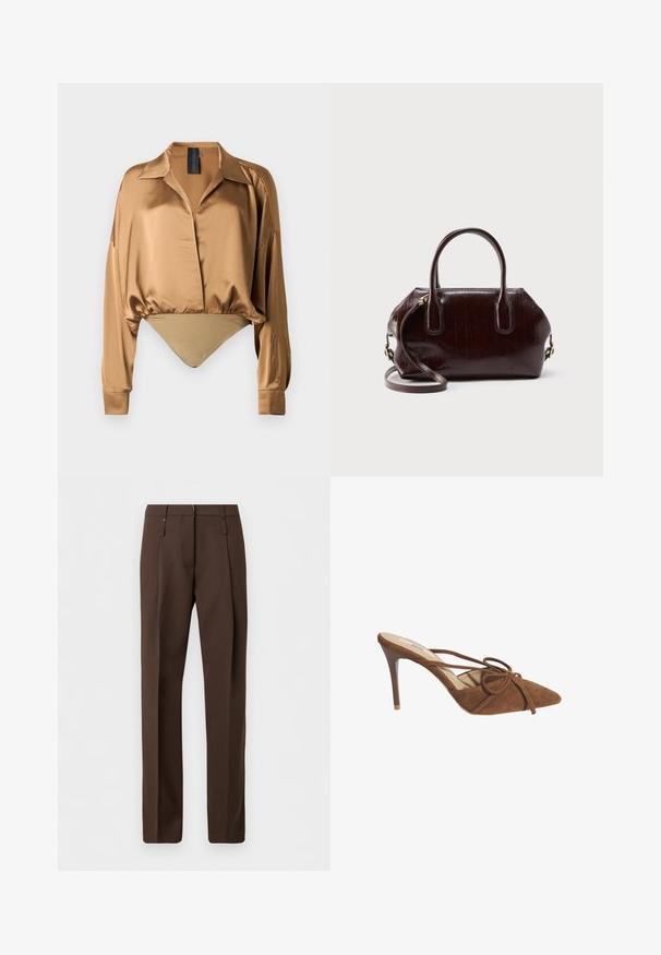 Bronzefarbene Satinbluse mit Kragen, langen Ärmeln und einem taillierten Bodysuit-Stil. Glatte Textur und dezenter Glanz.; Braune, maßgeschneiderte, gerade geschnittene Hose mit Gürtelschlaufen und vorderen Bügelfalten, auf neutralem weißem Hintergrund präsentiert.; Desa Pantolette hoch - brown; Dunkelbraune Leder-Handtasche mit zwei Griffen und abnehmbarem Schulterriemen, mit dezentem strukturiertem Finish und goldfarbenen Beschlägen.