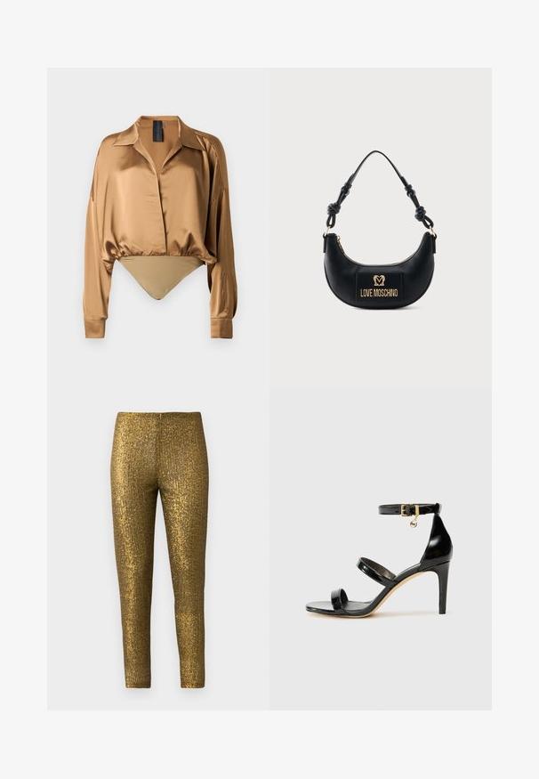 Bronzefarbene Satinbluse mit Kragen, langen Ärmeln und einem taillierten Bodysuit-Stil. Glatte Textur und dezenter Glanz.; Goldene metallische Leggings mit einem strukturierten, vertikalen Streifenmuster. Der Stoff hat ein glänzendes Finish und eine schlanke, figurnahe Silhouette.; Schwarze Lackleder-Sandale mit drei Riemen, Knöchelriemen und 10 cm hohen Stiletto-Absatz. Verfügt über goldfarbene Hardware-Details und ein Logo-Charm.; Schwarze Halbmond-Handtasche mit geknotetem Griff und goldener "Love Moschino" Logo-Plakette vorne, Reißverschluss oben.