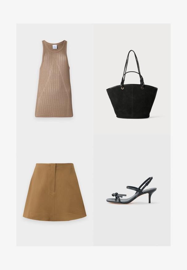 Top de punto sin mangas en color beige, con una textura acanalada, que presenta una forma de línea A y sutiles detalles de costura diagonal.; Falda marrón con una silueta acampanada, hecha de una tela suave. Presenta una cinturilla simple y un detalle de costura en la parte posterior.; Sandalia de tacón de cuero negro con tiras delgadas, un pequeño detalle de lazo en la punta y una correa ajustable en el tobillo con hebilla.; Bolso tote de ante negro con dos asas largas y brillantes en negro y herrajes en tono dorado. Presenta una parte superior ancha y abierta, y una forma estructurada.
