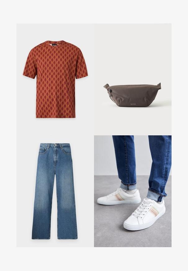 Kortærmet vinrød t-shirt med gentaget gul EA-logo og rund halsudskæring på en ensfarvet baggrund.; Bredde ben blå denim jeans med et klassisk fem-lomme design, frontlukning med knap og let falming for tekstur.; Hvide lædersneakers med multicolore striber, snørebåndsdesign, gummisål og polstret krave, parret med blå denimjeans.; Mørkebrun stof talje taske med diagonalt lynlåslomme og lille hvidt logo på fronten, sat mod en ensfarvet lys baggrund.