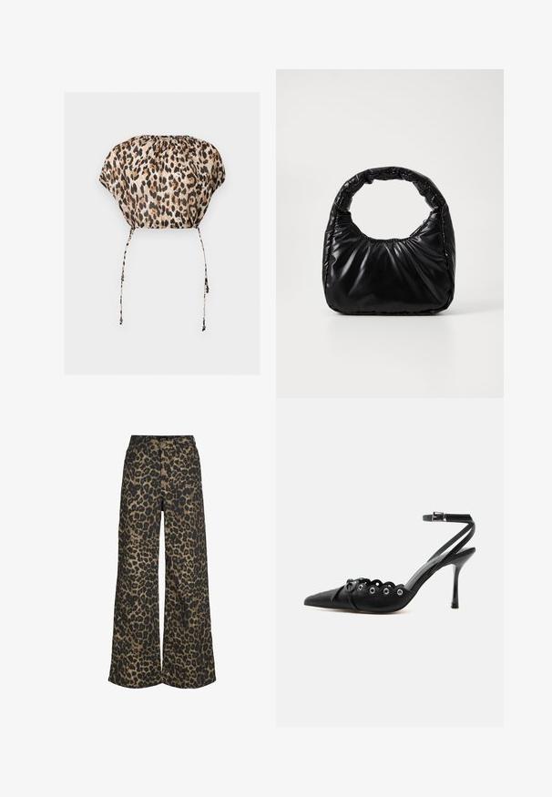 Korte top met luipaardprint, trekkoordjes onderaan en geplooide halslijn, losse korte mouwen.; Broek met wijde pijpen en een all-over bruin-zwarte luipaardprint, met knopen en ritssluiting aan de voorkant.; Zwarte pumps met hoge hak en spitse neus, gegolfde randen, metalen oogjes, vetergespsluiting aan de voorzijde en enkelriem met gespsluiting.; Zwarte gevoerde handtas met een ronde handgreep, met een gladde, glanzende oppervlakte en een zachte, gewatteerde textuur. Geen zichtbare metalen onderdelen of accenten.
