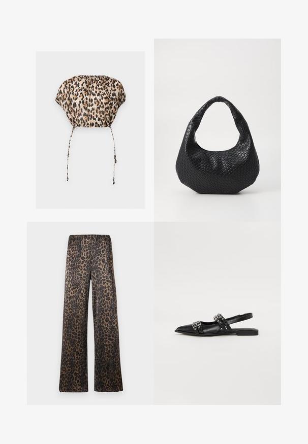 Top court imprimé léopard avec cordons en bas et encolure froncée, manches courtes amples.; Pantalons large à imprimé léopard brun et noir, texture côtelée et taille haute sur un fond blanc uni.; Even&Odd by Zalando Ballerines à brides arrière - black; Sac à main tissé noir avec une poignée courbée, présentant une surface texturée et une forme décontractée. Fini lisse avec une silhouette organique.