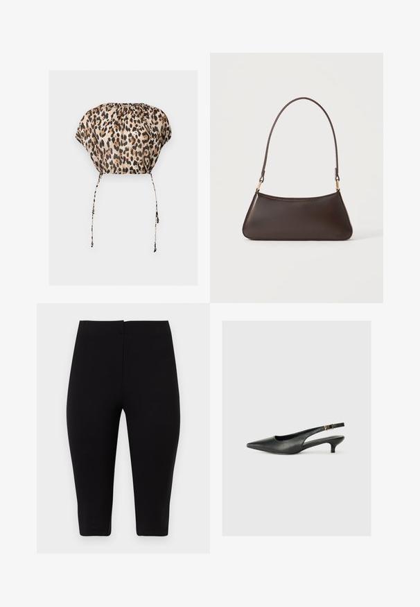 Top court imprimé léopard avec cordons en bas et encolure froncée, manches courtes amples.; Leggings courts noirs, taille haute, ajustés, avec une taille lisse, fabriqués en tissu extensible, présentés sur un fond blanc.; Chaussure slingback noire à bout pointu en cuir lisse. Présente un talon fin et un détail de boucle sur la sangle réglable.; Sac à main en cuir marron foncé avec une fermeture éclair incurvée en haut et une fine bandoulière avec des fermoirs dorés sur un fond uni.