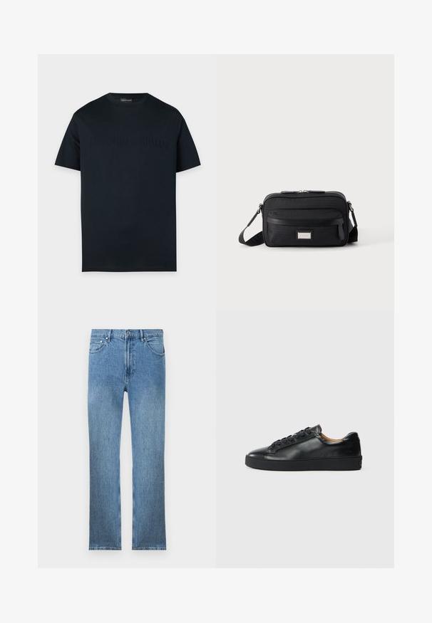 Zwart T-shirt met korte mouwen en ronde hals met subtiel ingebrand Emporio Armani logo over de borst op een effen achtergrond.; Lichtblauwe denim jeans met een rechte snit, vijf zakken, een ritsluiting en contrasterende stiksels. De stof heeft een gladde, gestructureerde afwerking.; Zwarte leren sneaker met een gladde textuur, ronde neus en vetersluiting. Heeft een dikke rubberen zool en minimale merkaanpassing.; Zwarte rechthoekige crossbodytas met voorvak met ritssluiting, verstelbare schouderband en zilveren rechthoekige logo-plaat op effen achtergrond.