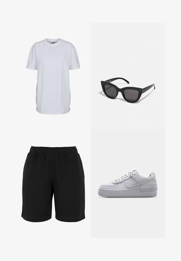 Camiseta blanca lisa de manga corta y cuello redondo con bajo recto y una pequeña etiqueta visible de la marca dentro del cuello.; Pantalones cortos de algodón negros con una cinturilla elástica, que presentan una textura suave y un corte sencillo. No hay bolsillos ni adornos visibles.; Zapatilla Nike Air Force 1 gris con puntera perforada, parte superior de cuero suave, suela gruesa y detalle en relieve 'AIR' en el talón.; Gafas de sol negras en forma de ojo de gato con un acabado mate, que presentan lentes ahumados grises, ángulos pronunciados y brazos laterales elegantes. Nombre de la marca visible en el interior del brazo.