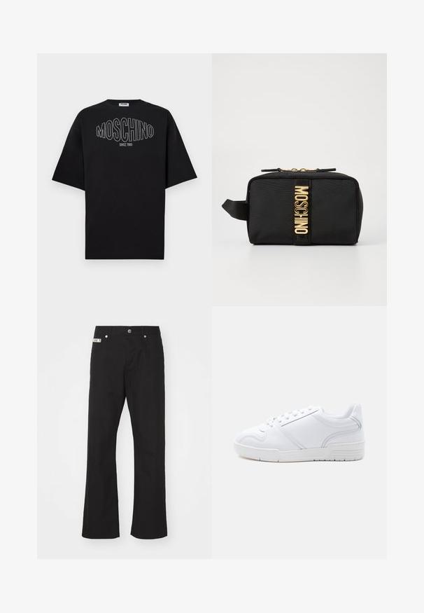 Sort bomulds-T-shirt med en stor, hvid kontureret "MOSCHINO"-logo, med teksten "SINCE 1983" nedenunder, korte ærmer og en afslappet pasform.; Svarte bomuldsbukser med lige ben-design, der har en frontknaplukning, to sidelommer og et lille mærke på linningen.; Hvid sneakers med lavt snit, snørelukning, glat syntetisk overdel og mønstret gummisål på en ensfarvet lys baggrund.; Sort stof kosmetikpose med rektangulær form, guld "MOSCHINO" logo, lynlås lukning og en sideløkke til nem håndtering.