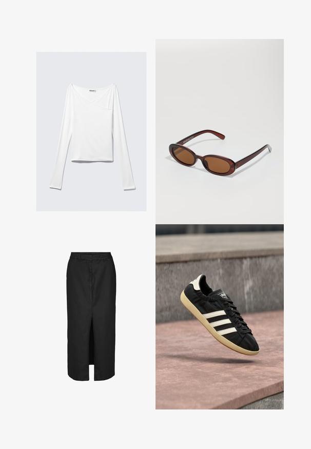 Top blanco de manga larga con diseño cruzado y un bolsillo. Fabricado en una tela suave y elástica. Con un corte casual y relajado.; Falda midi negra con una abertura frontal, confeccionada en una tela ligera. Presenta una línea de cintura clásica y sutiles bolsillos laterales.; Zapatilla negra Adidas con rayas blancas y suela beige, capturada en el aire sobre una superficie de piedra y con fondo de muro de piedra.; Gafas de sol redondas con tinte marrón y un marco burdeos brillante. Patillas delgadas con un sutil detalle de marca. Diseño de lentes planos.