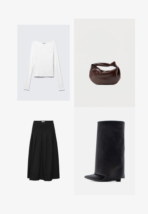 Weißes Langarmoberteil mit einem Überlappungsdesign und einer Tasche. Hergestellt aus einem glatten, elastischen Material. In einem lässigen, entspannten Schnitt.; Schwarzer plissierter Midirock aus glattem Stoff. Verfügt über eine hohe Taille und eine fließende Silhouette mit sorgfältig genähten Falten.; Schwarze Stiefeletten aus Leder mit hohem zylindrischem Schaft, spitzer Zehenpartie und niedrigem flachem Absatz, mit glatter Textur und minimalistischem Design.; Dunkelbraune Lederschultertasche mit weicher, lockerer Form und einem gedrehten Knotengriff vor schlichtem weißem Hintergrund.