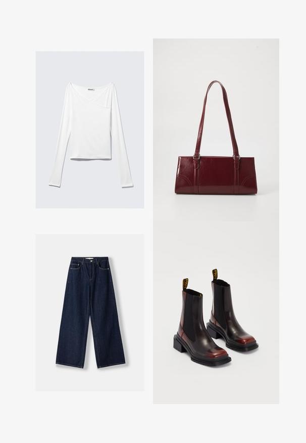 Weißes Langarmoberteil mit einem Überlappungsdesign und einer Tasche. Hergestellt aus einem glatten, elastischen Material. In einem lässigen, entspannten Schnitt.; Dunkelblaue Jeans mit weitem Bein, vorderer Knopf- und Reißverschluss, vorderen Taschen und Gürtelschlaufen, flach auf weißem Hintergrund ausgelegt.; Dr. Martens MAYBOLE CHELSEA - Plateaustiefelette - black/cherry red; Burgunderfarbene Handtasche aus glänzendem Material, rechteckige Form, mit zwei Schulterriemen und subtilen, geschwungenen Akzenten an der Vorderseite.
