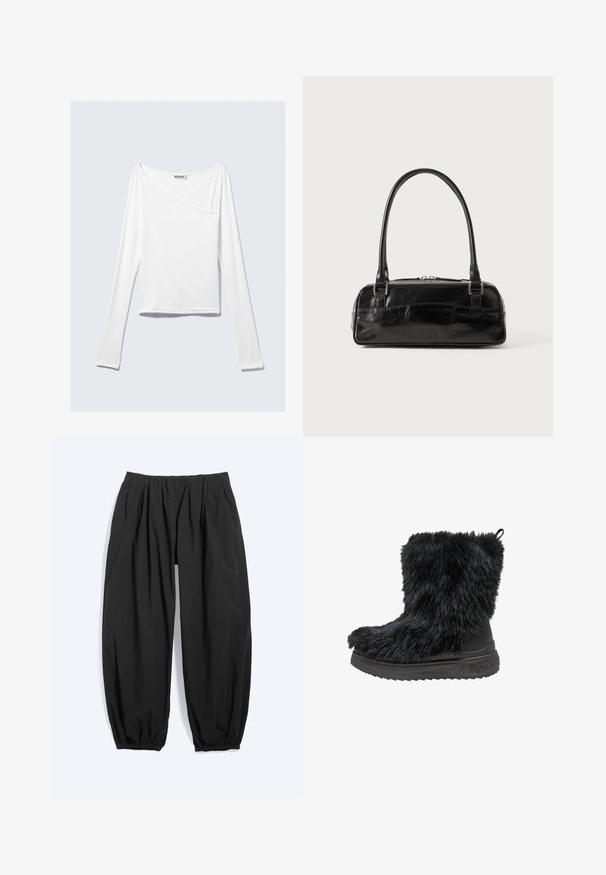 Weißes Langarmoberteil mit einem Überlappungsdesign und einer Tasche. Hergestellt aus einem glatten, elastischen Material. In einem lässigen, entspannten Schnitt.; Lockere schwarze, zulaufende Hose mit elastischem Bund und Bündchen an den Knöcheln, aus leichtem Stoff.; Schwarze Kunstfell-Ankle-Boots mit einer dicken schwarzen Gummisohle und strukturiertem Obermaterial. Verfügt über eine Zuglasche auf der Rückseite für ein einfaches Anziehen.; Schwarze Lederhandtasche in rechteckiger Form, mit einem stabilen Griff, silbernem Zubehör und Reißverschluss. Glatte Textur.