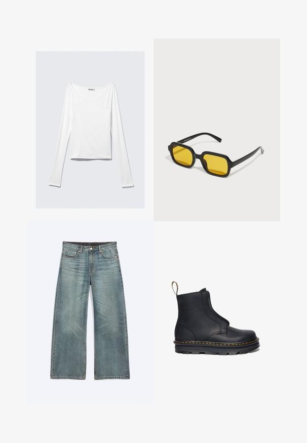 Weißes Langarmoberteil mit einem Überlappungsdesign und einer Tasche. Hergestellt aus einem glatten, elastischen Material. In einem lässigen, entspannten Schnitt.; Blaue Jeans mit weitem Bein, Vordertaschen, Gürtelschlaufen, Knopfverschluss und dezenten Verwaschungseffekten an Oberschenkeln und Knien.; Schwarze Leder-Stiefelette mit elastischen seitlichen Einsätzen, runder Zehenform, kontrastierenden gelben Nähten und einer robusten Gummisohle.; Schwarze rechteckige Sonnenbrillen mit gelben Gläsern. Merkmale sind dicke Rahmen und ein kantiges Design mit einer glatten, glänzenden Oberfläche.