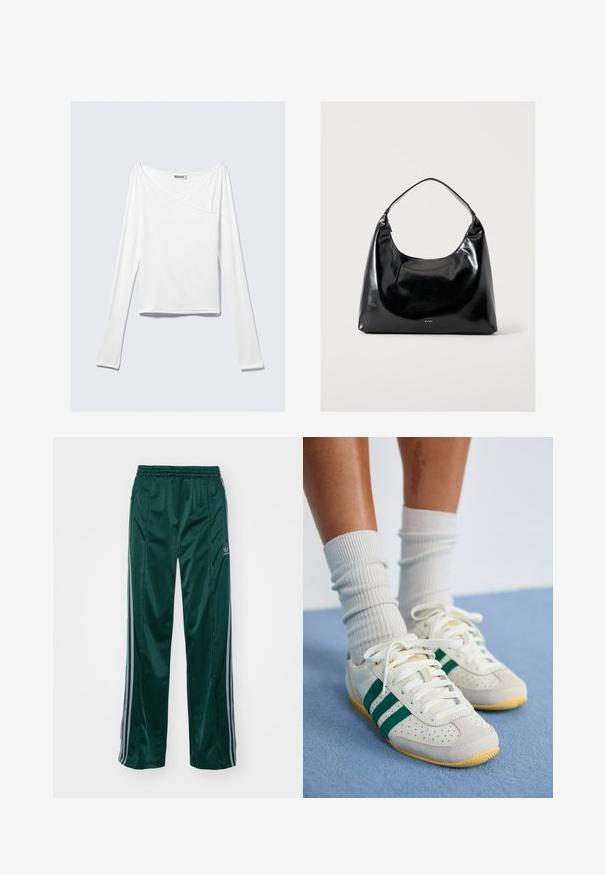Top blanco de manga larga con diseño cruzado y un bolsillo. Fabricado en una tela suave y elástica. Con un corte casual y relajado.; Pantalones deportivos de color verde oscuro, hechos de un material brillante, con franjas laterales en gris claro y un logotipo bordado en la pierna izquierda.; Pies con zapatillas blancas con rayas verdes y calcetines blancos de canalé que están sobre una alfombra azul claro.; Bolso de hombro negro brillante con una sola correa y pequeño logo "RAID" en el centro inferior sobre un fondo liso y claro.