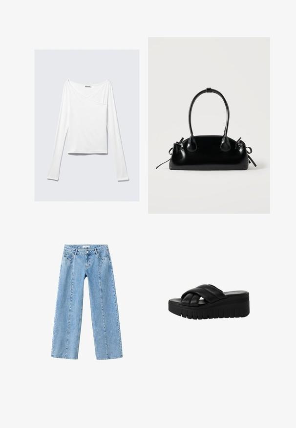 Top blanco de manga larga con diseño cruzado y un bolsillo. Fabricado en una tela suave y elástica. Con un corte casual y relajado.; Vaqueros de denim azul claro con piernas rectas y anchas, botón delantero, cremallera, trabillas para cinturón y bolsillos delanteros y traseros.; Sandalias de plataforma negras con tiras cruzadas de cuero suave, que cuentan con una suela gruesa y texturizada y una punta ligeramente redonda.; Pequeño bolso negro brillante con dos asas largas y detalles de cordón lateral sobre un fondo claro liso.