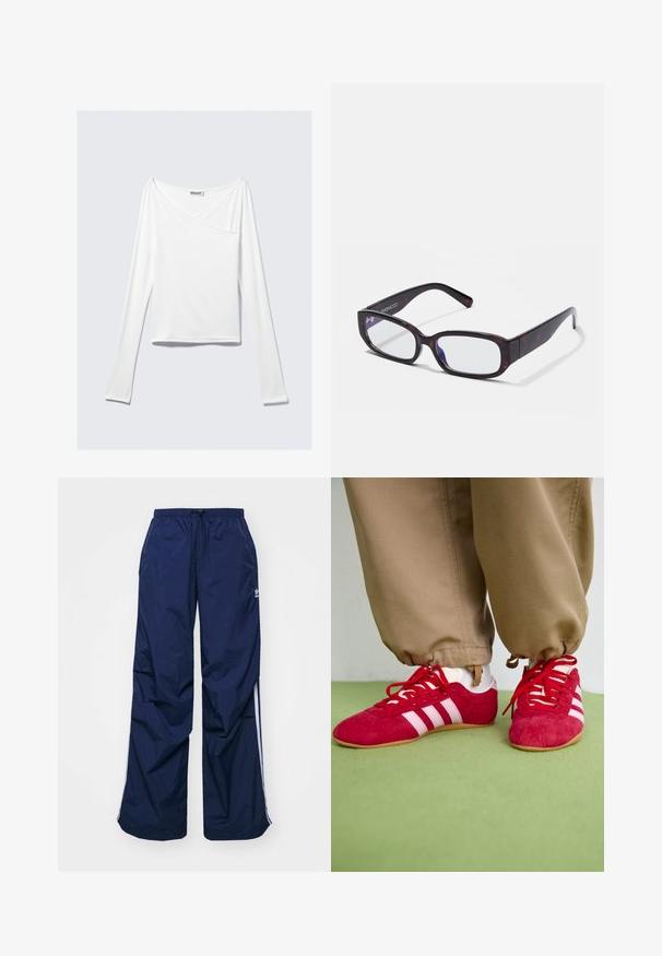 Top blanco de manga larga con diseño cruzado y un bolsillo. Fabricado en una tela suave y elástica. Con un corte casual y relajado.; Pantalones de color azul marino, ligeros, con cintura elástica y cordón ajustable, con franjas blancas laterales y un pequeño logo en la parte delantera. Diseño de corte holgado.; Zapatillas deportivas de ante rojo con rayas blancas, suela de goma plana y cordones rojos. Llevadas con pantalones beige, situadas sobre una superficie verde.; Gafas rectangulares de carey marrón con lentes transparentes y patillas elegantes, que muestran una textura suave y un diseño minimalista.