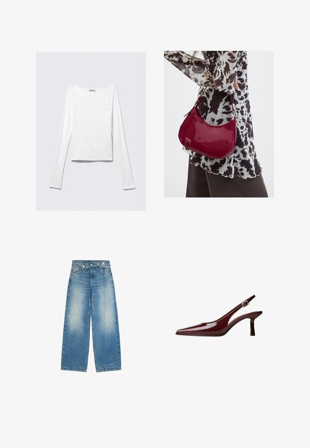 Weißes Langarmoberteil mit einem Überlappungsdesign und einer Tasche. Hergestellt aus einem glatten, elastischen Material. In einem lässigen, entspannten Schnitt.; Weit geschnittene blaue Denim-Jeans mit ausgebleichtem Vorderteil, Fronttaschen und einem einzigartigen diagonal geknöpften Taillenbund-Detail.; Bordeaux-farbene Lackleder Slingback-Pumps mit spitzem Zehenbereich, mittelhohem Kitten-Absatz und silberner Schnallenriemen auf weißem Hintergrund.; Frau trägt eine schwarz-weiß gemusterte Bluse und hält eine glänzende rote Schultertasche vor einem einfarbigen Hintergrund.