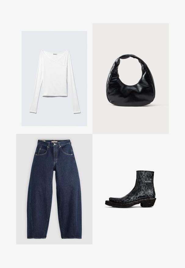Witte long-sleeve top met een crossover ontwerp en een zak. Gemaakt van een gladde, rekbare stof. Geknipt in een casual, relaxte pasvorm.; Donkerblauwe denim jeans met een losse fit, lichte stiksels, vijf zakken en een knoopsluiting op de taille.; Zwarte enkellaarsjes met pythonprint, een gestructureerde bovenkant en een chunky zwarte rubberen zool. Beschikt over een ronde neus en een laag schachtontwerp.; Zwarte neplederen handtas met een unieke halve maanvorm, een brede, gevoerde handgreep en een ritssluiting. Glad, glanzend oppervlak, minimalistisch ontwerp.