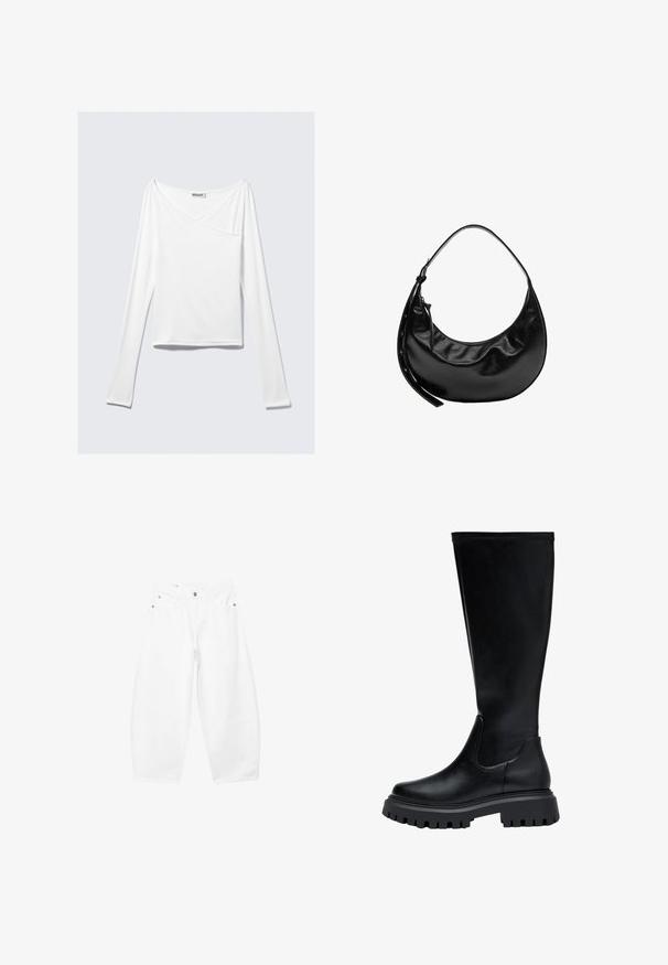 Weißes Langarmoberteil mit einem Überlappungsdesign und einer Tasche. Hergestellt aus einem glatten, elastischen Material. In einem lässigen, entspannten Schnitt.; Weiße Jeans mit weitem Bein, vorne mit Knöpfen und Reißverschluss, Gürtelschlaufen sowie Seitentaschen und vorderen Taschen, auf einem einfarbigen Hintergrund präsentiert.; Knöchelhohe schwarze Lederstiefel mit runder Zehenform, elastischen Seitenpaneelen und einer robusten Gummisohle mit einem Profilmuster.; Schwarze halbmondförmige Lederhandtasche mit kurzem Trageriemen und Reißverschluss mit seitlicher Leder-Zuglasche.