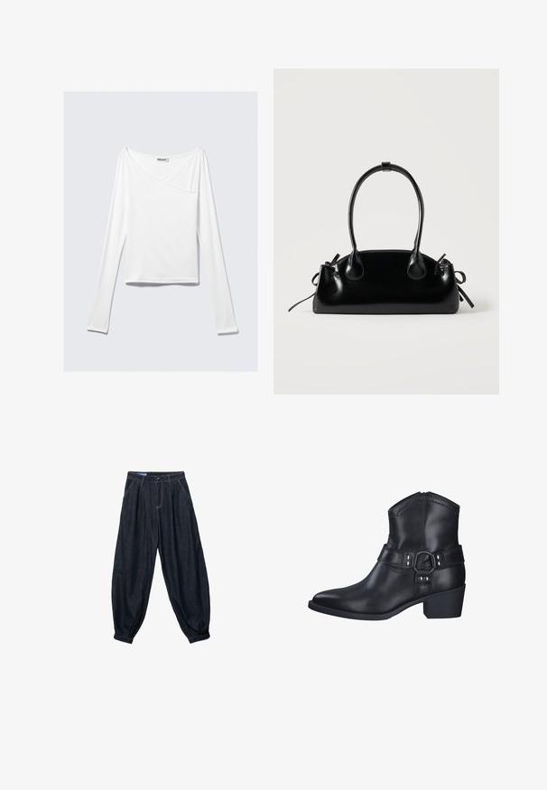 Haut blanc à manches longues avec un design croisé et une poche. Fabriqué dans un tissu lisse et extensible. Coupé dans une coupe décontractée et ample.; Pantalon en denim bleu foncé ample avec plis à la taille, poches avant, et bas resserrés aux chevilles.; Botte chelsea en cuir noir avec un bout pointu et un petit talon carré, dotée d'une sangle décorative avec des accents en métal et des détails de couture.; Petit sac à main noir brillant avec deux longues anses et des détails à cordon sur les côtés sur un fond clair uni.