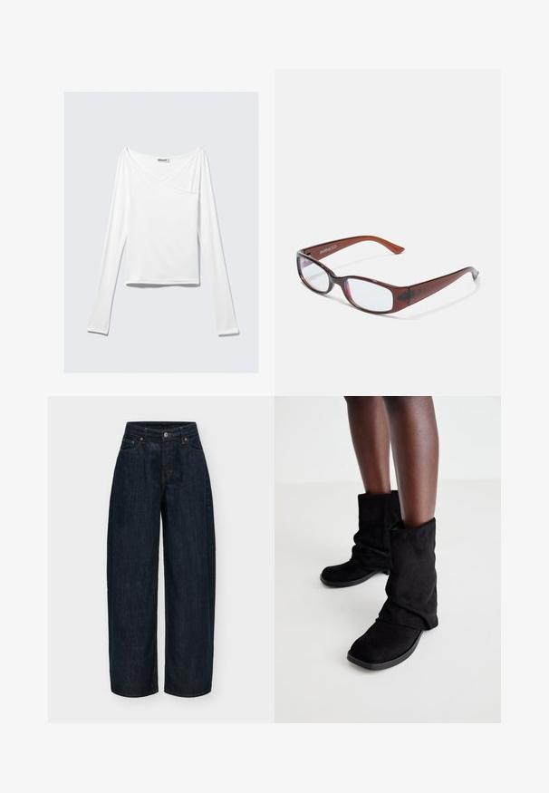 Haut blanc à manches longues avec un design croisé et une poche. Fabriqué dans un tissu lisse et extensible. Coupé dans une coupe décontractée et ample.; Jean denim bleu foncé à jambes larges avec fermeture avant par bouton et zip, poches avant et arrière, et détails de coutures orange.; Bottes de cheville en daim noir au design décontracté, avec une semelle plate et un bout carré, présentées sur des jambes sombres sur un fond clair.; Lunettes rectangulaires teintées de brun avec une finition brillante, dotées de branches fines et de verres transparents. Logo visible sur la branche gauche.