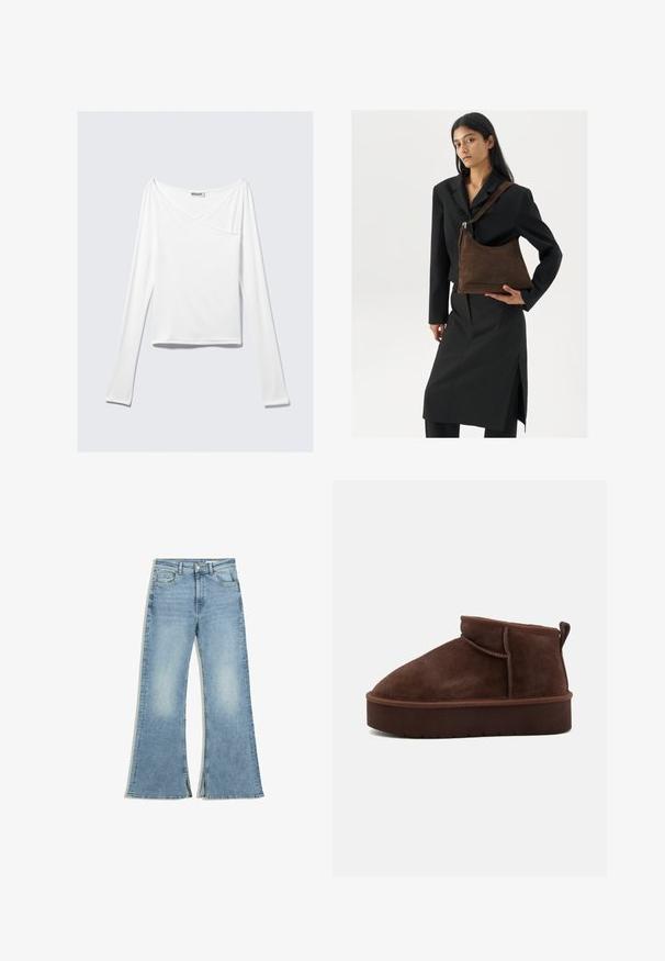 Weißes Langarmoberteil mit einem Überlappungsdesign und einer Tasche. Hergestellt aus einem glatten, elastischen Material. In einem lässigen, entspannten Schnitt.; Hellblaue Denim-Jeans mit Schlag und hoher Taille, ausgestattet mit einem Fünf-Taschen-Design, dezentem Verblassen und seitlichen Schlitzen am Saum.; Braune Wildleder-Stiefelette mit runder Spitze, weicher Oberfläche und dicker Plattformsohle. Verfügt über dezente Nähte und eine Lasche an der Rückseite.; Frau trägt ein schwarzes Blazer und einen Rock, hält eine große dunkelbraune Wildleder-Umhängetasche vor einem weißen Hintergrund.