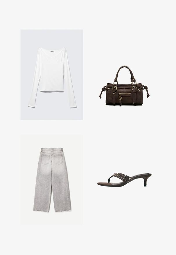 Top alb cu mânecă lungă, cu un design încrucișat și o buzunar. Fabricat dintr-un material neted și elastic. Croială în stil casual, lejer.; Blugi largi, gri deschis, cu talie înaltă și două buzunare în spate, văzuți din spate pe un fundal alb simplu.; Sandale maro din piele întoarsă cu toc, vârf deschis, toc kitten de înălțime medie și baretă superioară decorată cu capse circulare argintii.; Geantă de mână din piele maro închis cu mânere duble, buzunar frontal cu fermoar, catarame decorative și noduri laterale pe fundal alb.