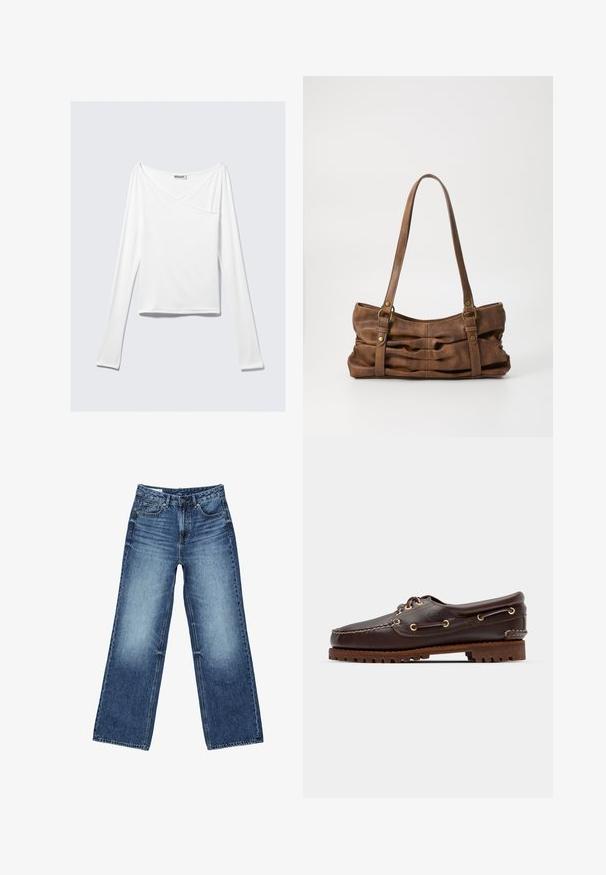 Haut blanc à manches longues avec un design croisé et une poche. Fabriqué dans un tissu lisse et extensible. Coupé dans une coupe décontractée et ample.; Jean denim bleu à jambes larges avec poches avant et poche monnaie, fermeture à boutons, et lavage délavé sur les cuisses et les genoux.; Bateau en cuir marron avec des œillets dorés, des lacets ronds et une semelle en caoutchouc marron texturée. Présente des détails de couture et un logo en relief.; Even&Odd by Zalando Sac à main - brown