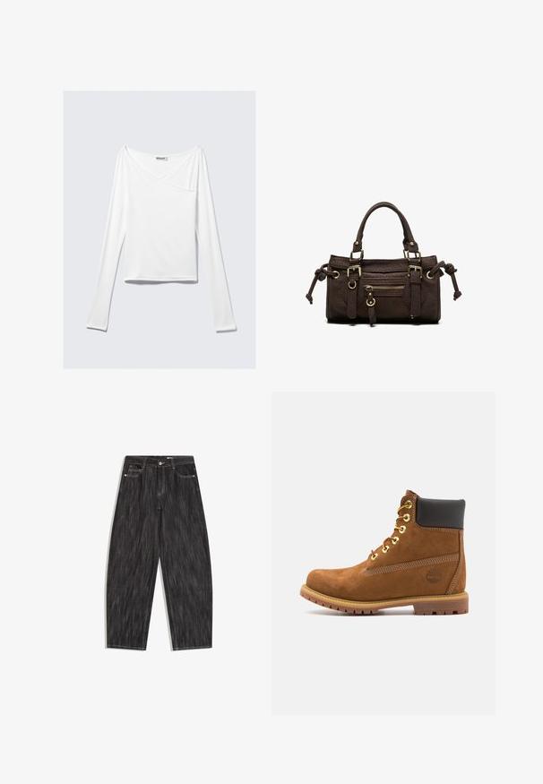 Haut blanc à manches longues avec un design croisé et une poche. Fabriqué dans un tissu lisse et extensible. Coupé dans une coupe décontractée et ample.; Jean en denim noir avec coupe large, design cinq poches, surpiqûres blanches visibles et fermeture à bouton à la taille.; Bottine en suede marron avec col rembourré noir, œillets en or, devant à lacets et semelle en caoutchouc avec un motif texturé.; Sac à main en cuir marron foncé avec double poignée, poche avant zippée, boucles décoratives et nœuds latéraux sur fond blanc.