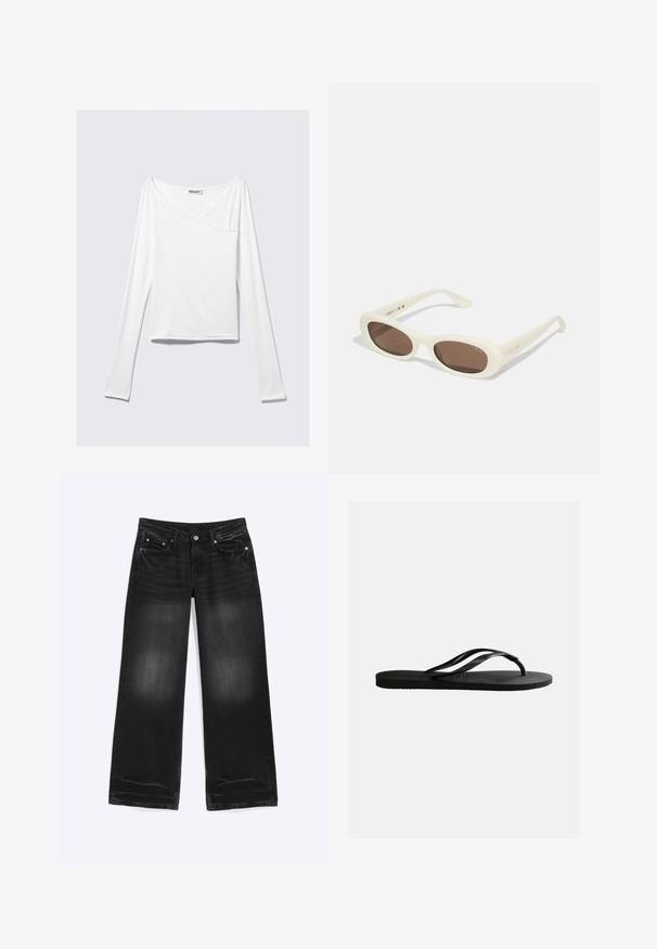 Blusa branca de mangas longas com um design cruzado e um bolso. Feita de um tecido liso e elástico. Corte em um estilo casual e relaxado.; Jeans pretos de perna larga com cinco bolsos e detalhes desbotados nas coxas e joelhos, postos planos sobre um fundo branco.; Chinelo preto de borracha com palmilha texturizada e tiras finas em formato de Y, apresentado sobre um fundo branco simples.; Óculos de sol cor de creme com lentes em formato oval, com tom castanho, apresentando um acabamento brilhante e uma discreta marca "Vogue" na lateral.