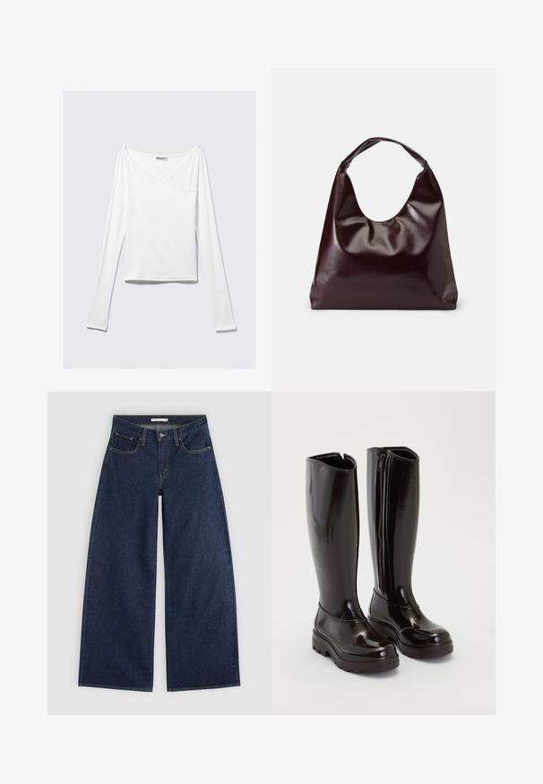 Haut blanc à manches longues avec un design croisé et une poche. Fabriqué dans un tissu lisse et extensible. Coupé dans une coupe décontractée et ample.; Jean denim bleu foncé à jambes larges, avec poches avant, passants de ceinture et fermeture par bouton, présenté à plat sur un fond clair.; Bottes noires brillantes jusqu'aux genoux avec semelles épaisses et fermeture éclair sur le côté, sur un fond blanc uni.; Sac en cuir vegan bordeaux, brillant, avec une forme douce et sculpturale et une large poignée incurvée pour un transport facile.