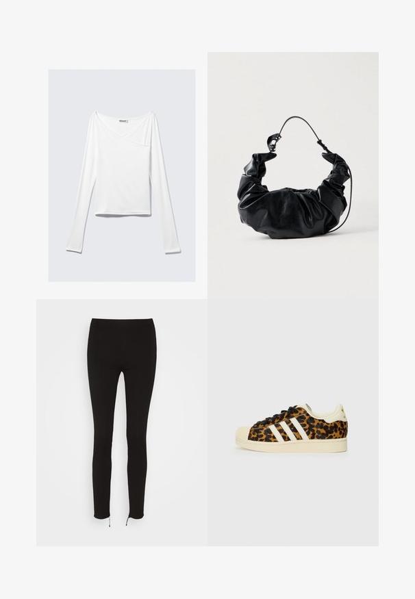 Weißes Langarmoberteil mit einem Überlappungsdesign und einer Tasche. Hergestellt aus einem glatten, elastischen Material. In einem lässigen, entspannten Schnitt.; Even&Odd Leggings - Hosen - black; Leopardenmuster-Sneaker mit schwarzen Schnürsenkeln, weißem Drei-Streifen-Design, cremefarbenem Gummispitze und -sohle sowie strukturiertem Obermaterial.; Schwarze Kunstleder-Handtasche mit einem weichen, gerafften Design und einem flexiblen Henkel, der eine glatte Textur und einen subtilen Glanz zeigt.