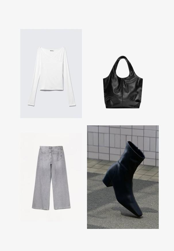 Haut blanc à manches longues avec un design croisé et une poche. Fabriqué dans un tissu lisse et extensible. Coupé dans une coupe décontractée et ample.; Jean large gris à taille haute, avec une texture lisse, deux poches arrière et des détails de couture subtils.; Botte noire en cuir avec talon bloc, posée sur une surface en asphalte texturée près d'un mur carrelé.; Sac fourre-tout en cuir noir avec une texture lisse, un haut arrondi doux et de larges poignées. Présente une couture minimale et une silhouette décontractée.