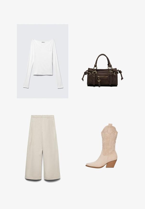 Witte long-sleeve top met een crossover ontwerp en een zak. Gemaakt van een gladde, rekbare stof. Geknipt in een casual, relaxte pasvorm.; Beige broek met wijde pijpen, cropped model, hoge taille, tailleband met riemlussen en plooien aan de voorkant.; Beige suède cowboylaars met een spitse neus, geborduurde details op de schacht en een gestapelde houten hak.; Donkerbruine leren handtas met dubbele handvatten, voorvak met ritssluiting, decoratieve gespen en zijknopen op een witte achtergrond.