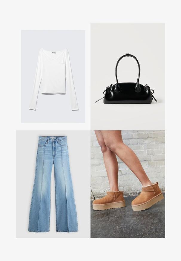 Weißes Langarmoberteil mit einem Überlappungsdesign und einer Tasche. Hergestellt aus einem glatten, elastischen Material. In einem lässigen, entspannten Schnitt.; Hellblaue, hoch geschnittene Jeans mit weitem Bein, Front- und Gesäßtaschen, Gürtelschlaufen und vertikalen Nahtdetails auf der Vorderseite.; Braune Wildleder-Stiefeletten mit einem weichen Futter, dicker beige Plateau-Sohle und einer Zuglasche auf der Rückseite. Strukturiert Oberfläche mit sichtbaren Nähdetails.; Kleine schwarze glänzende Handtasche mit zwei langen Griffen und seitlichen Kordelzug-Details vor einfachem hellem Hintergrund.