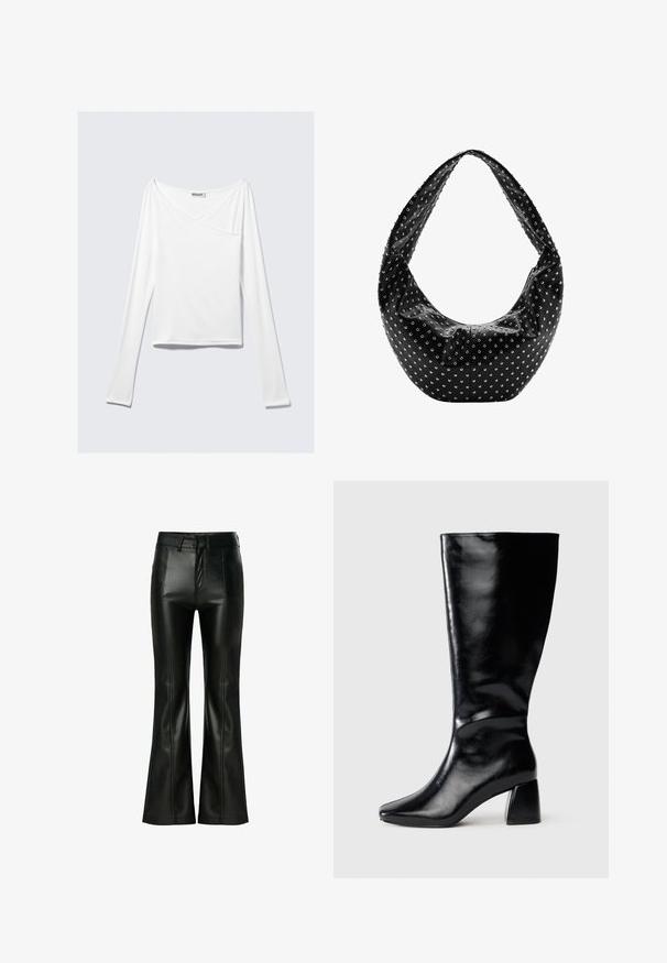 Top blanco de manga larga con diseño cruzado y un bolsillo. Fabricado en una tela suave y elástica. Con un corte casual y relajado.; Pantalones de campana negros de cuero sintético, con una cintura alta, costuras visibles y un acabado liso y brillante.; Bota de cuero negra hasta la rodilla con tacón cuadrado y puntera ligeramente puntiaguda, mostrada de lado sobre un fondo neutro.; Bolso de mano de cuero negro con una forma holgada, adornado con tachuelas plateadas y una correa ancha para el hombro. Textura suave con un diseño fruncido.