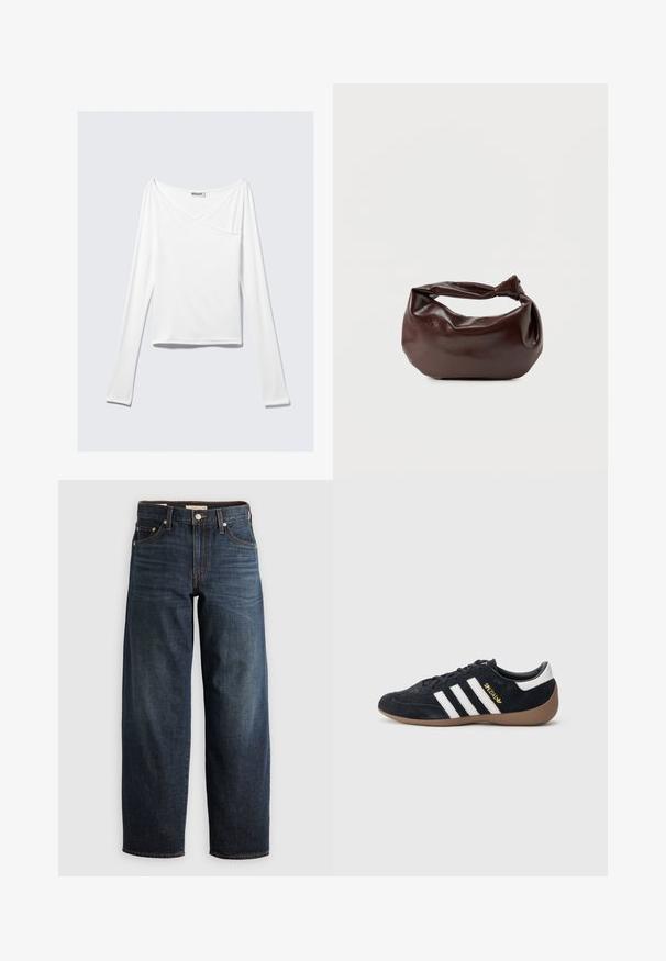 Top blanco de manga larga con diseño cruzado y un bolsillo. Fabricado en una tela suave y elástica. Con un corte casual y relajado.; Jeans oscuros de denim, con un diseño de pierna recta, estilo de cinco bolsillos, y acentos de costura superior con cierre de botón.; Zapatilla de ante negra con tres rayas blancas, suela de goma y un pequeño logo dorado en el lateral. Cuenta con un forro interior negro liso.; Bolso de hombro de cuero marrón oscuro con una forma suave y caída, y un asa con nudo torcido sobre un fondo blanco liso.