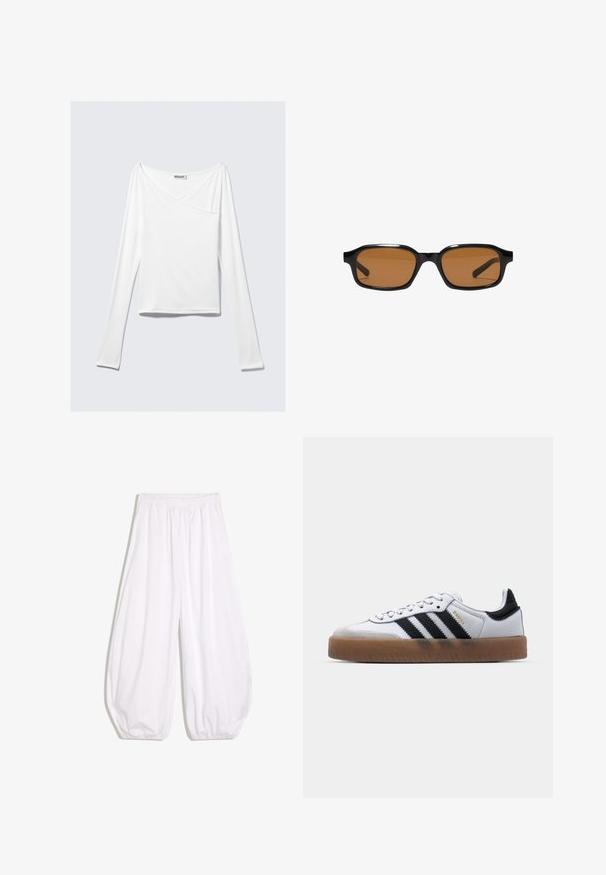 Haut blanc à manches longues avec un design croisé et une poche. Fabriqué dans un tissu lisse et extensible. Coupé dans une coupe décontractée et ample.; Pantalon blanc ample avec taille élastique et poignets élastiqués, fabriqué en tissu léger.; Baskets en cuir blanc avec des rayures noires, semelle extérieure en caoutchouc beige, bout rond, fermeture lacée et embout en suède gris doux.; Lunettes de soleil rectangulaires noires avec des montures épaisses et des verres teintés marron, vues de face sur un fond blanc.
